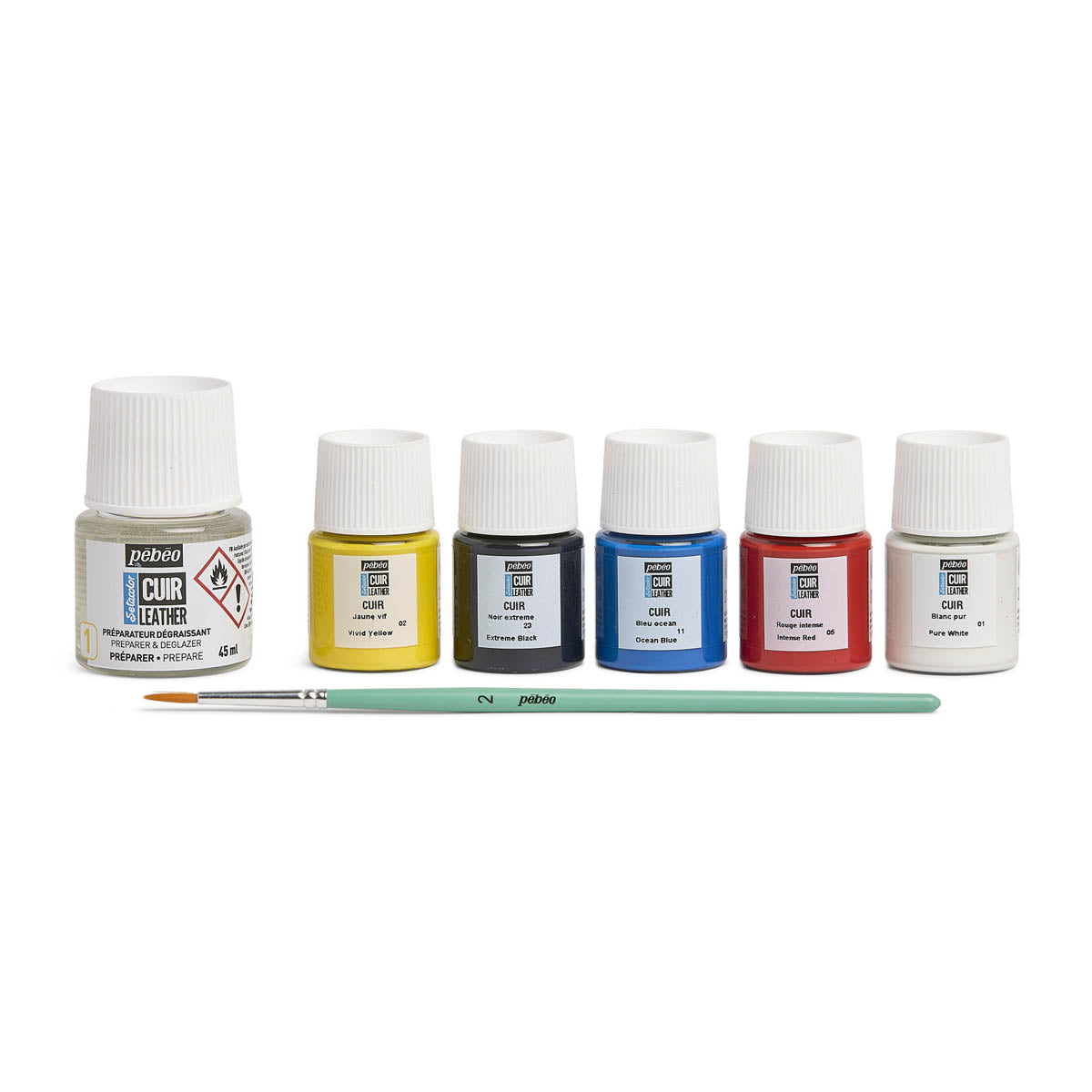 5 peintures acryliques pour cuir + 1 préparateur-dégraissant + 1 pinceau - Setacolor Cuir Pébéo - 295681
