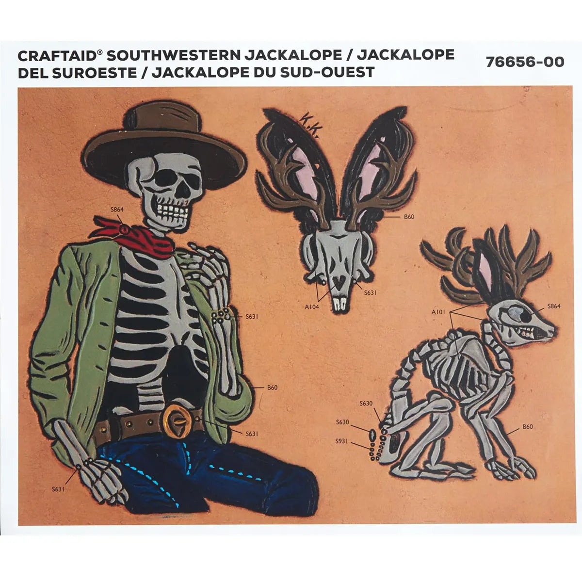 Calque réutilisable pour transfert de motifs sur cuir avec design de jackalope et squelette du sud-ouest, par Tandy Leather.