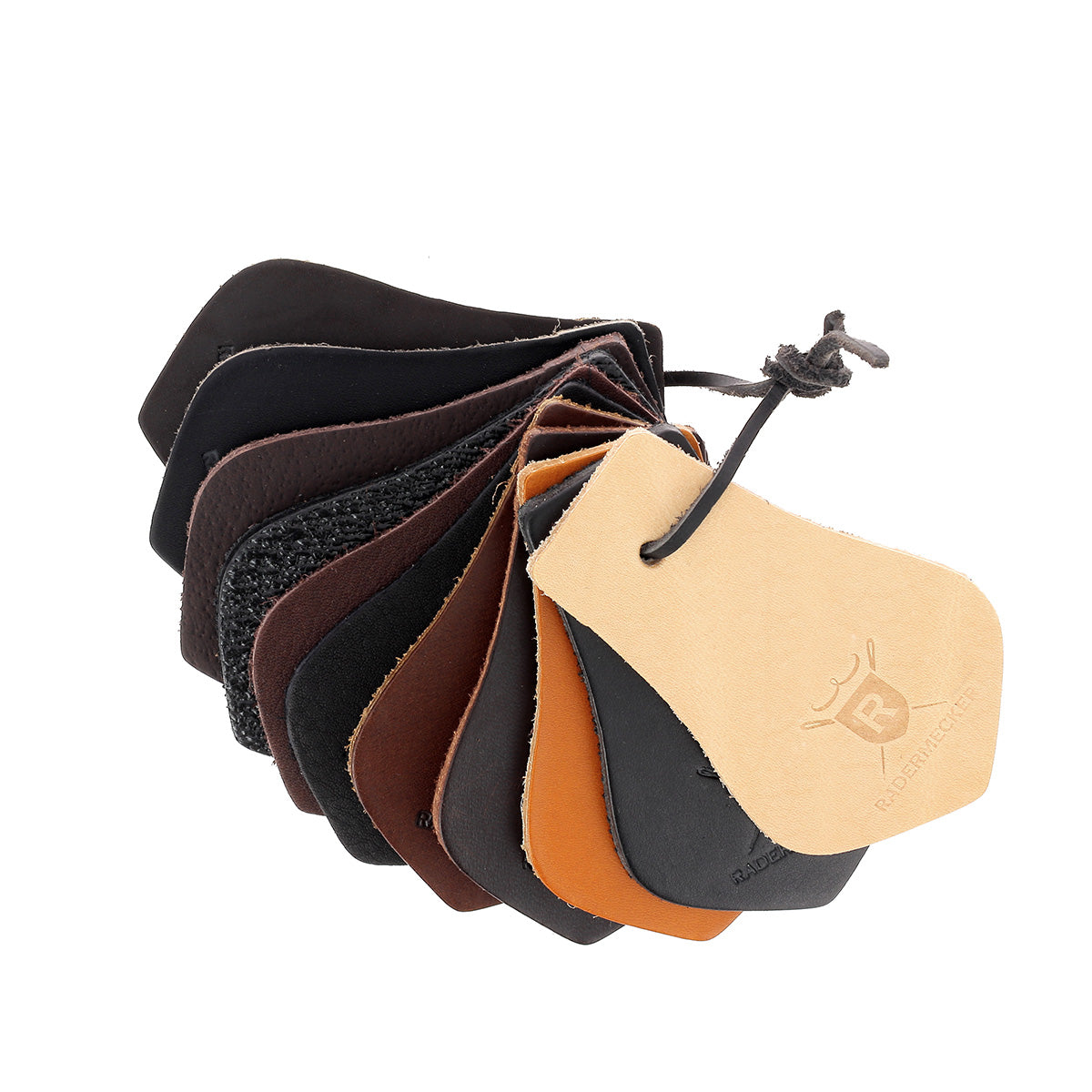 Échantillons de cuir Radermecker, nuancier avec 11 échantillons de différentes textures et couleurs de cuir.