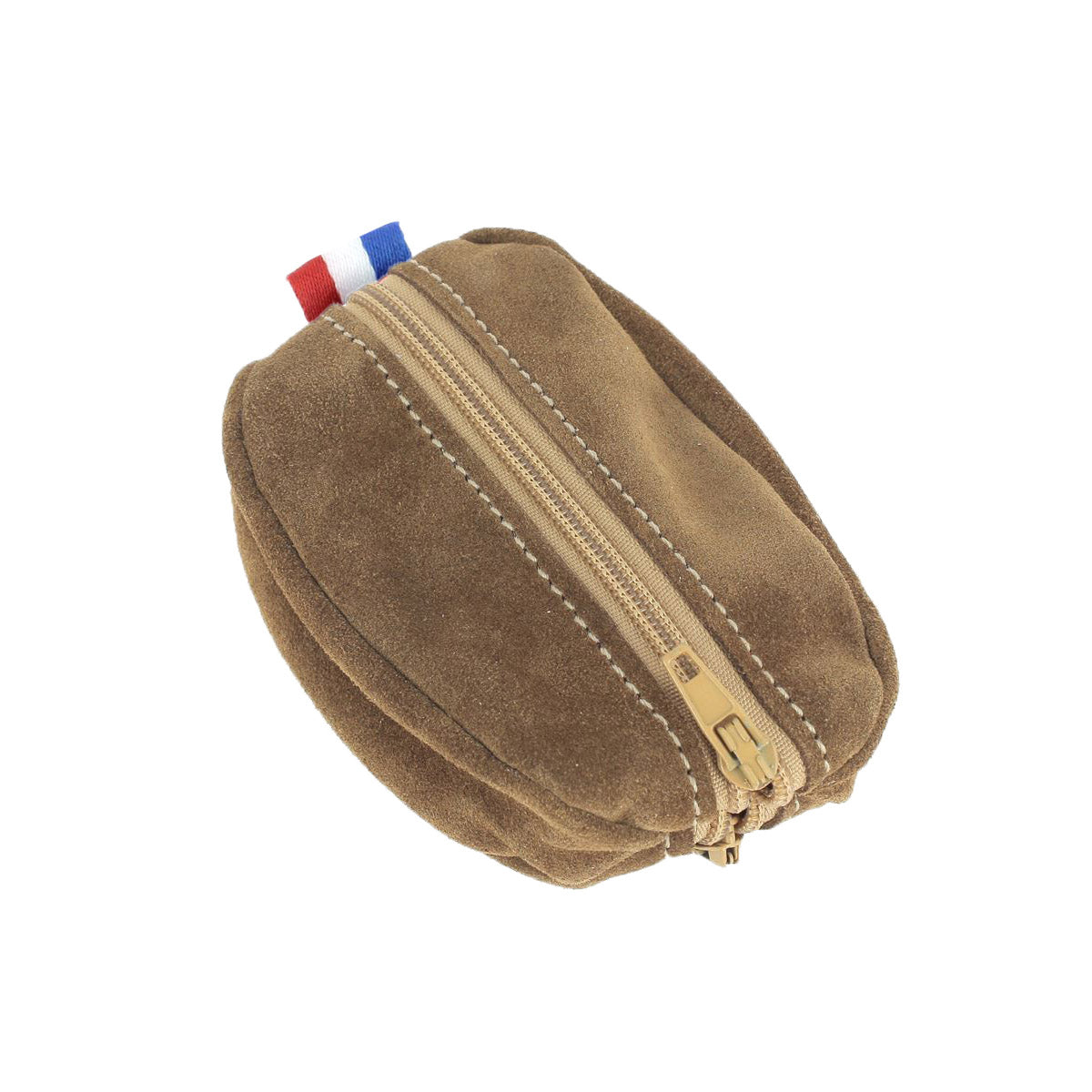 Porte-monnaie en cuir marron clair avec motif grain de café et drapeau français, fabriqué par Deco Cuir.