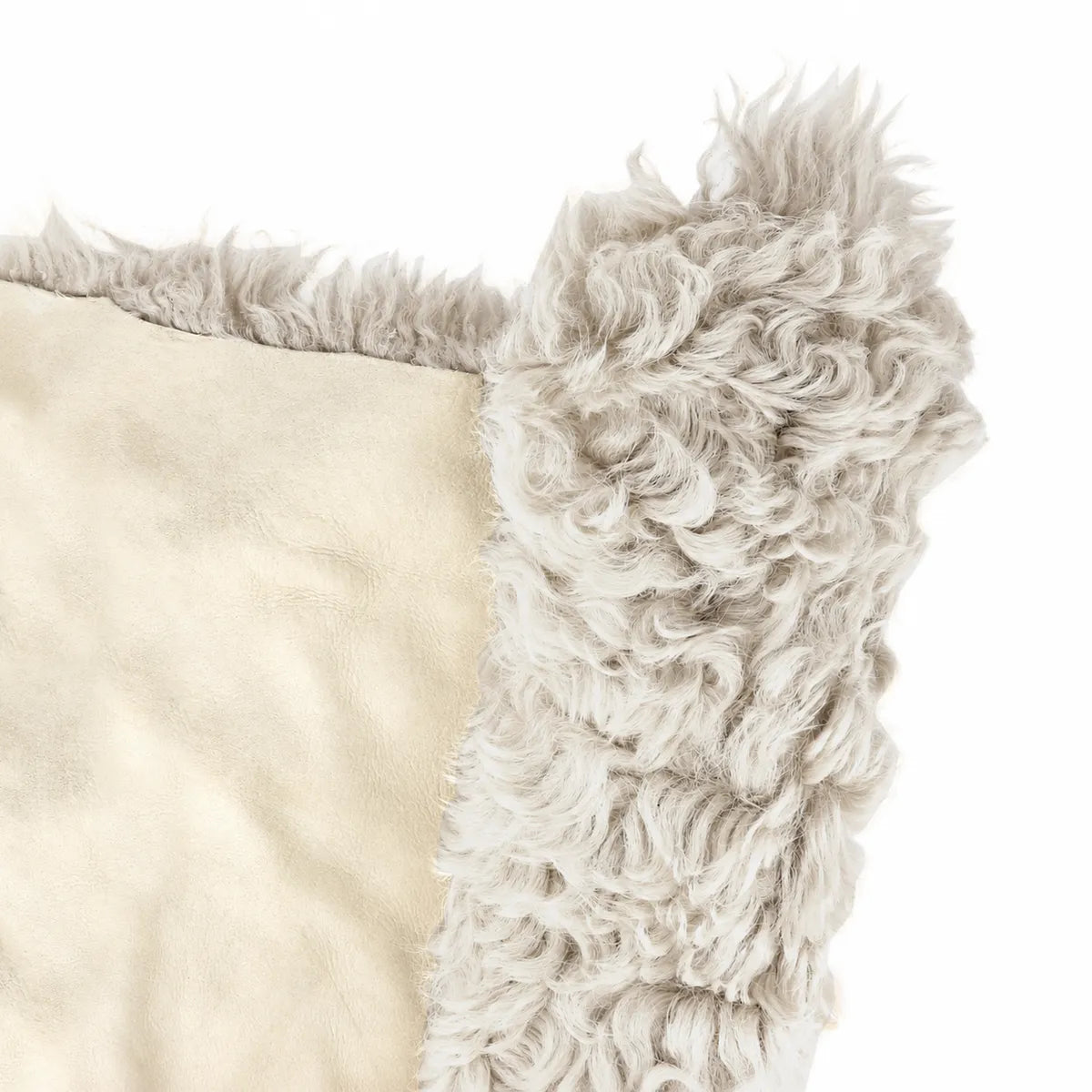 Peau de cuir de mouton lainé beige à poils longs et frisés. Cuir lainé idéal pour la conception de vêtement, chaussons, accessoire...