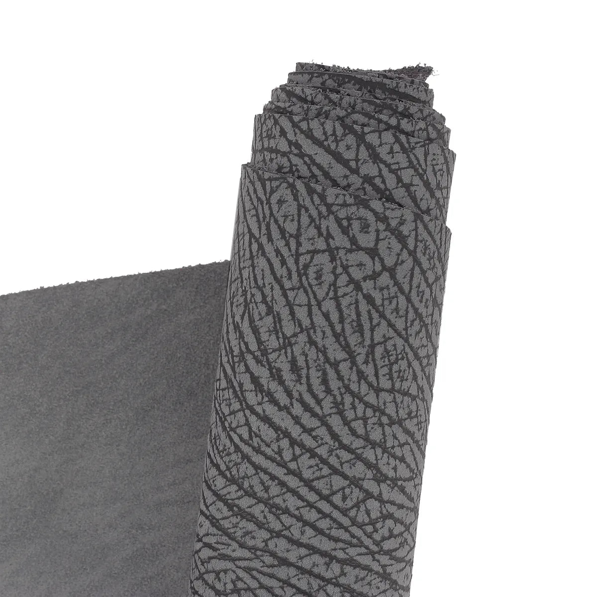 Cuir nubuck gris à motif façon écorce d'arbre. Cuir doux, velouté et original idéal pour la création de maroquinerie, accessoire, décoration...