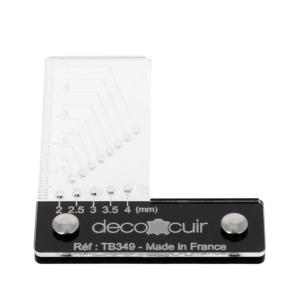 Équerre Deco Cuir en acier pour outils de maroquinerie, avec poignée en cuir noir et finition métallique.