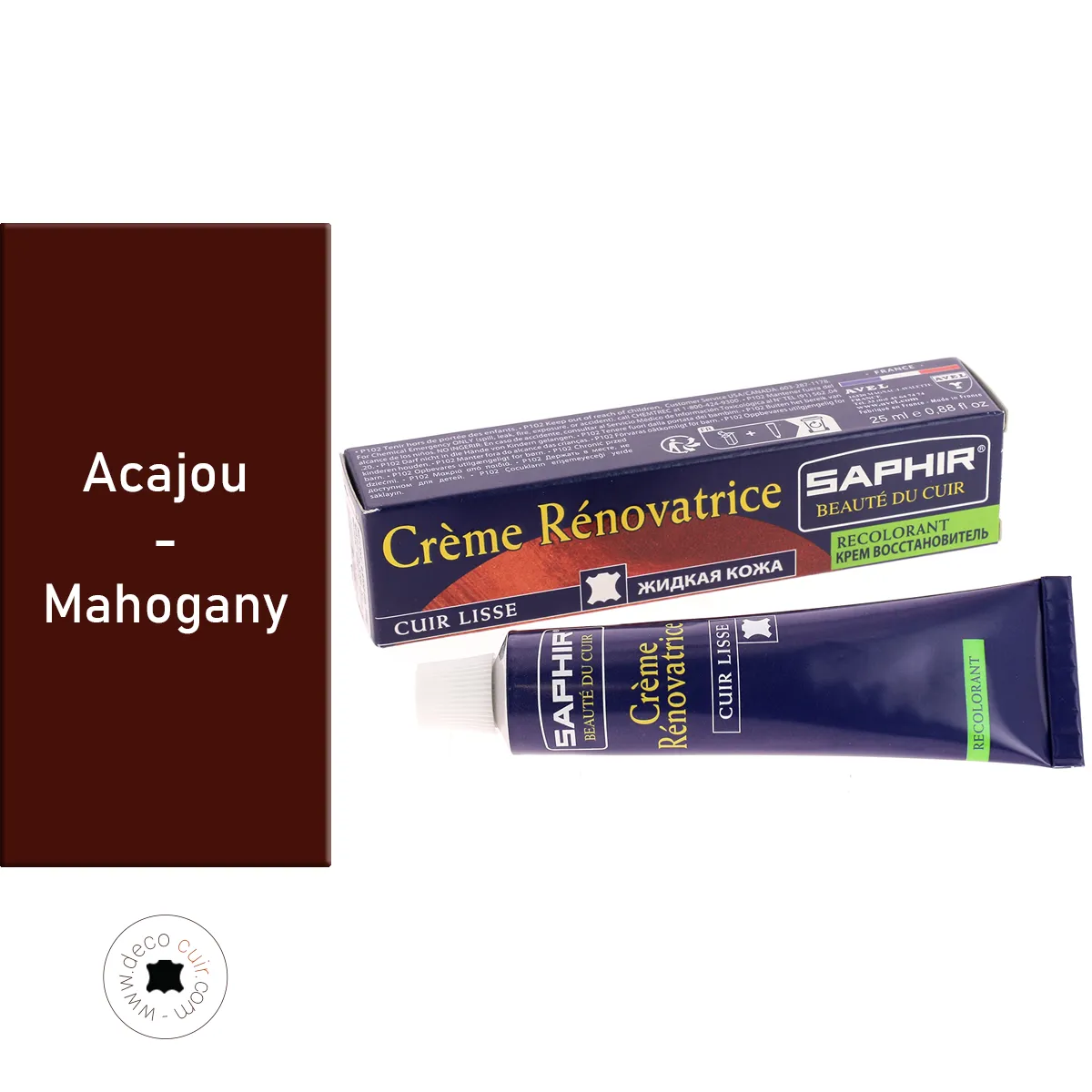 Crème rénovatrice recolorante pour cuir Saphir, 25 ml, teinte acajou, pour entretien et restauration du cuir.