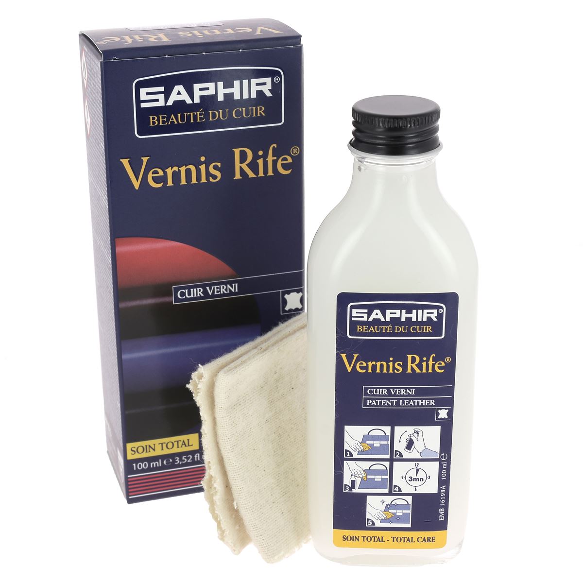 Nettoyant pour cuirs vernis Vernis Rife Incolore + chamoisine - Liquide 100ml - Saphir - Fait en France