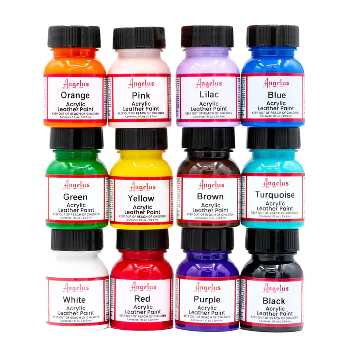 Lot de 12 peintures pour cuir Angelus : couleurs basiques et intemporelles : rose, orange, vert, bleu, jaune, blanc, rouge, noir, marron et violet