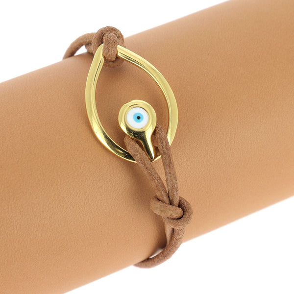 Bracelet en cuir - Lacet rond 2 mm - Fermoir fantaisie en forme d'oeil doré luxe et bleu