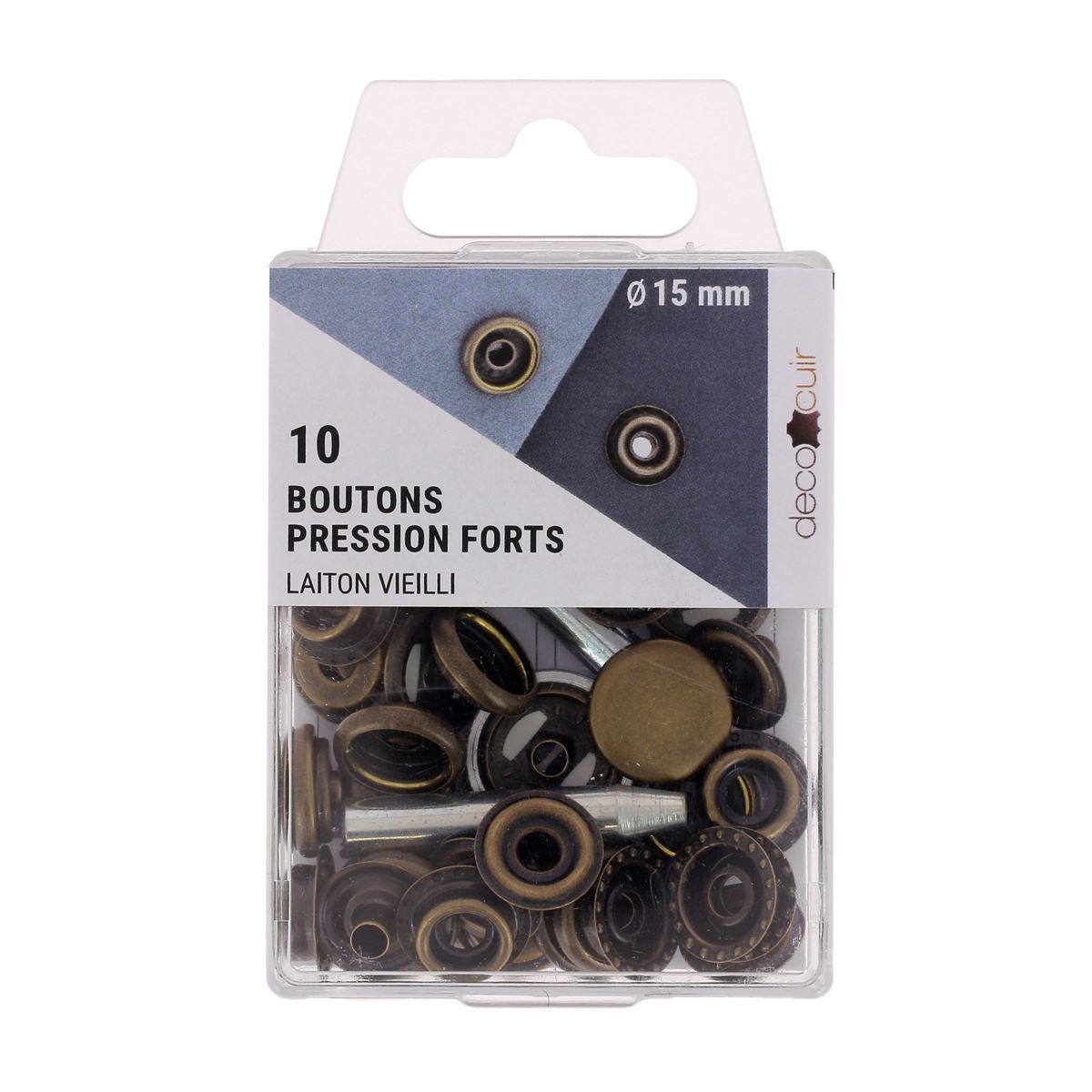 Kit 10 boutons pression forts 15 mm laiton vieilli + outil de pose
