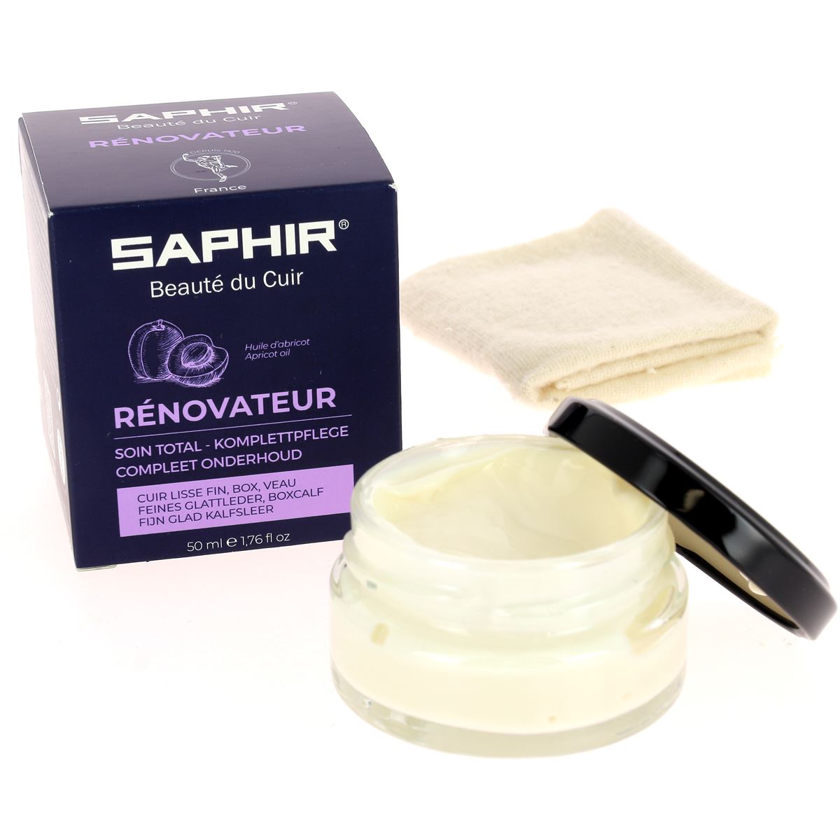 Rénovateur pour cuir Saphir de 50 ml avec chamoisine, produit d'entretien pour cuir souple et brillant.