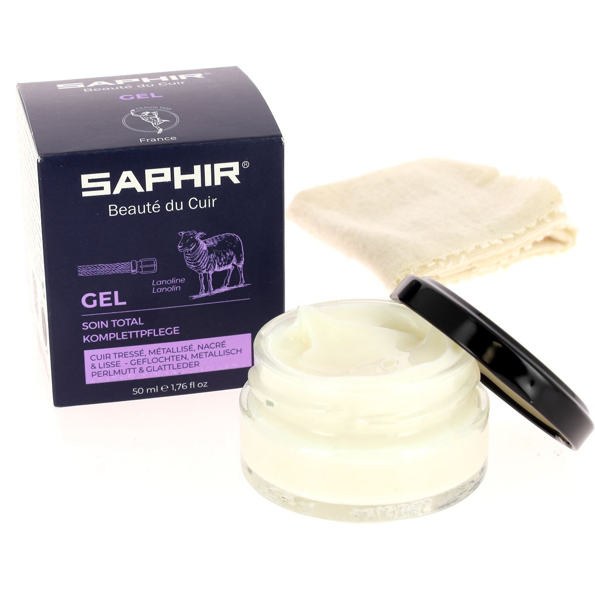 Gel pour cuirs métallisés ou tressés Saphir, 50 ml, avec chamoisine pour l'entretien du cuir brillant et tressé.