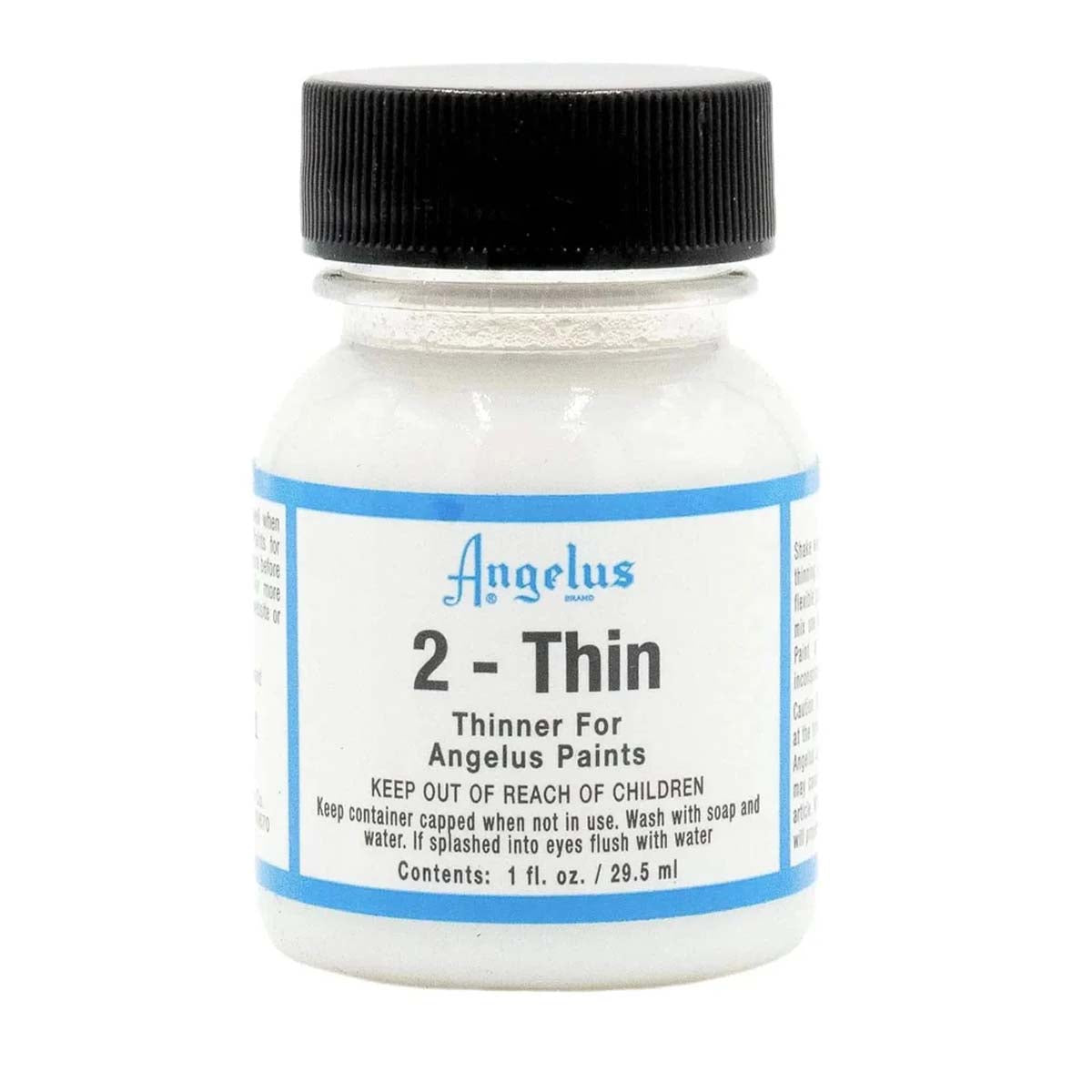 Diluant 2-Thin pour peinture Angelus, teintures et peintures, bouteille claire avec étiquette, utilisé pour diluer la peinture.