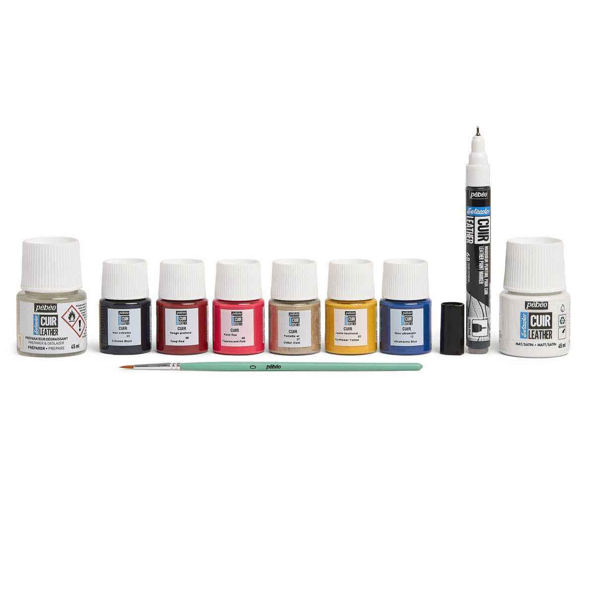 7 peintures acryliques pour cuir + 1 préparateur-dégraissant + 1 pinceau + 1 marqueur - Setacolor Cuir Pébéo 295682