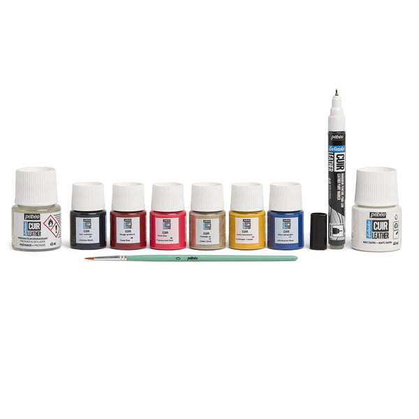 7 peintures acryliques pour cuir + 1 préparateur-dégraissant + 1 pinceau + 1 marqueur - Setacolor Cuir Pébéo 295682