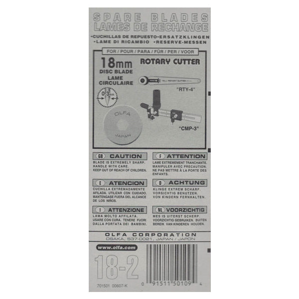 Lot de 2 lames de rechange OLFA RB18-2 diam 18 mm - Découpe droite