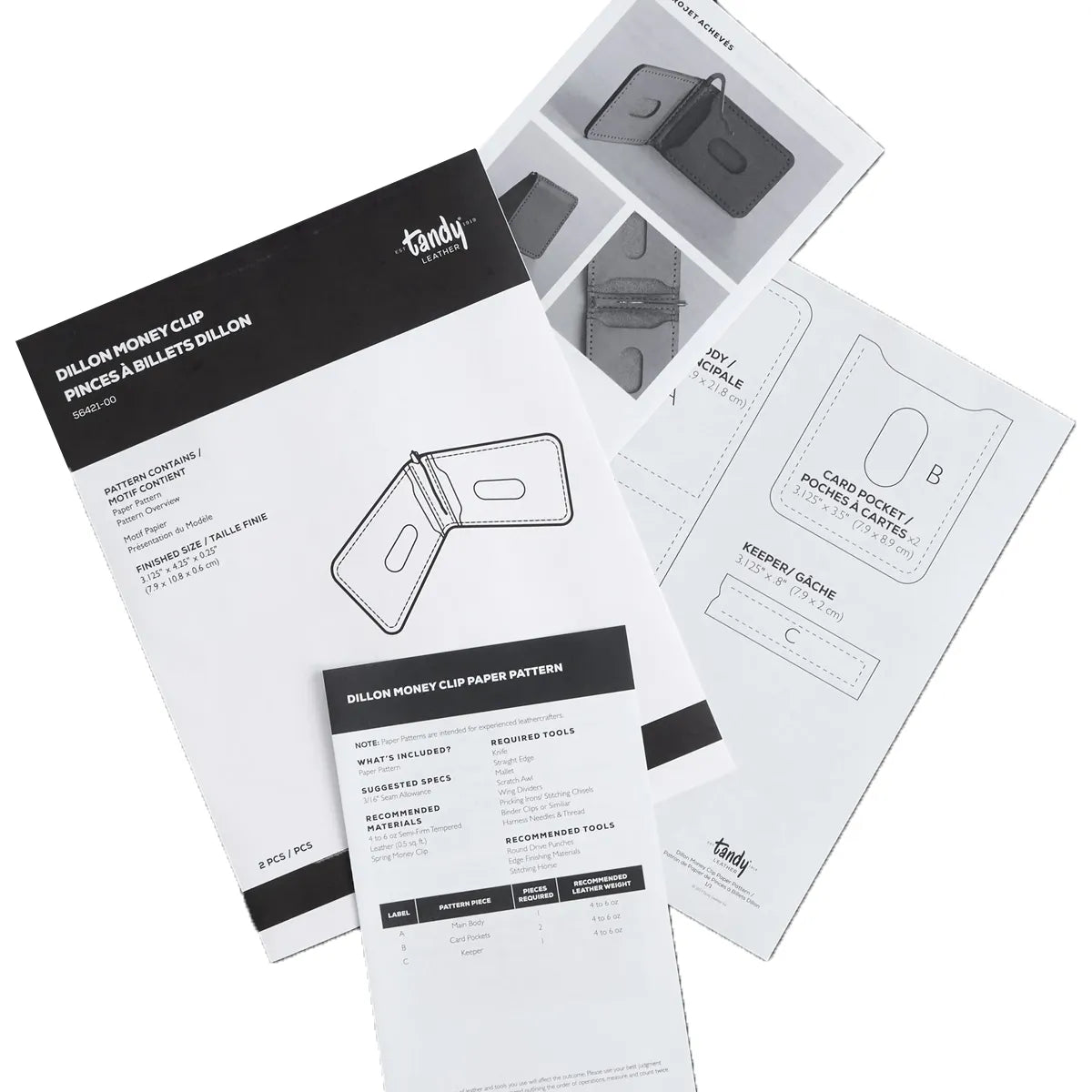Patron papier porte-cartes avec pince à billets en cuir et explications en français et anglais