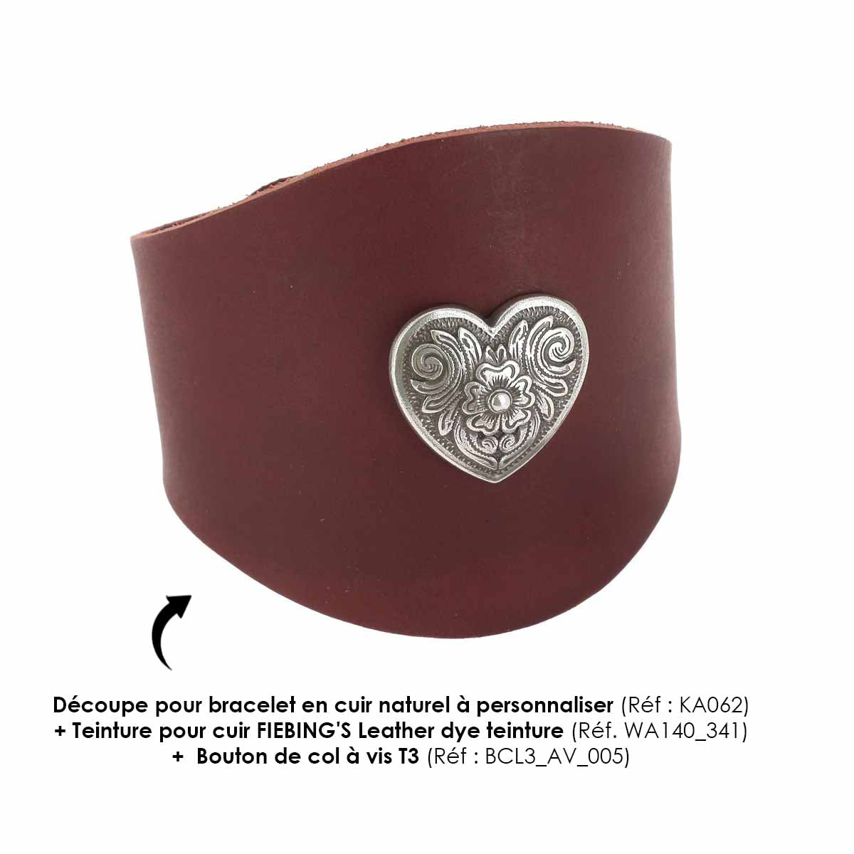 Bracelet en cuir avec concho coeur fleuri