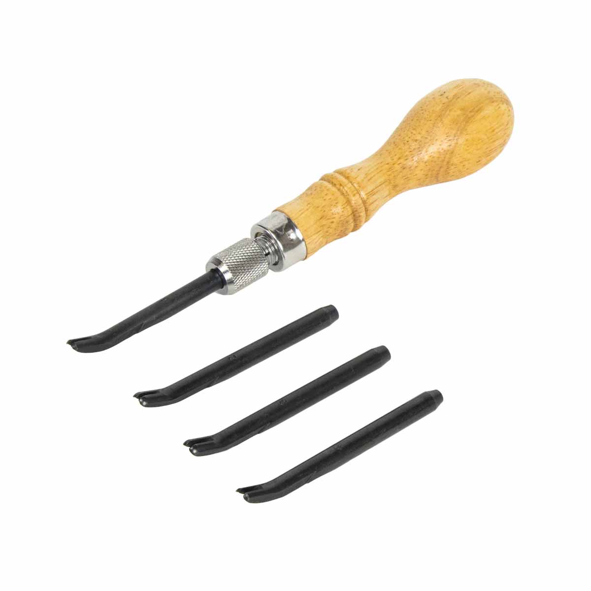 Abat carre 4 en 1 pour travail du cuir : 4 tailles de chanfrein + 1 manche en bois