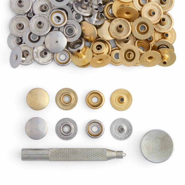 Kit de 20 boutons pression FORTS et outil de pose - LINE 20 : 12,5mm - LAITON et NICKELÉ - Tandy Leather - 3630-00
