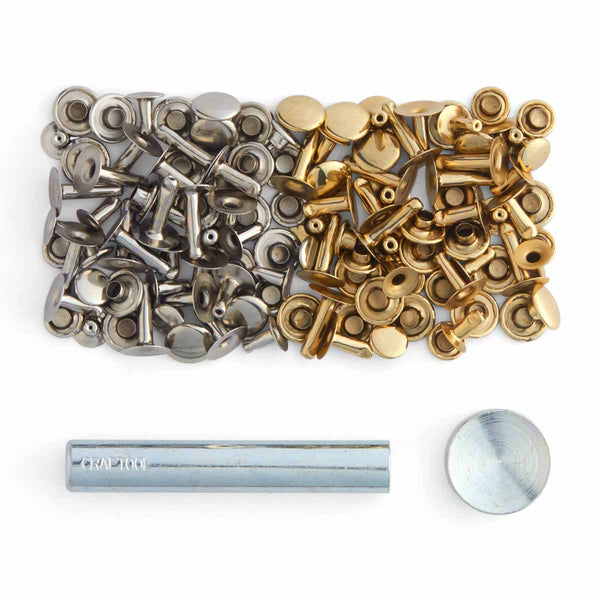 Kit de 60 rivets simple calotte en acier et outils de pose - Finitions : LAITON et NICKELÉ
