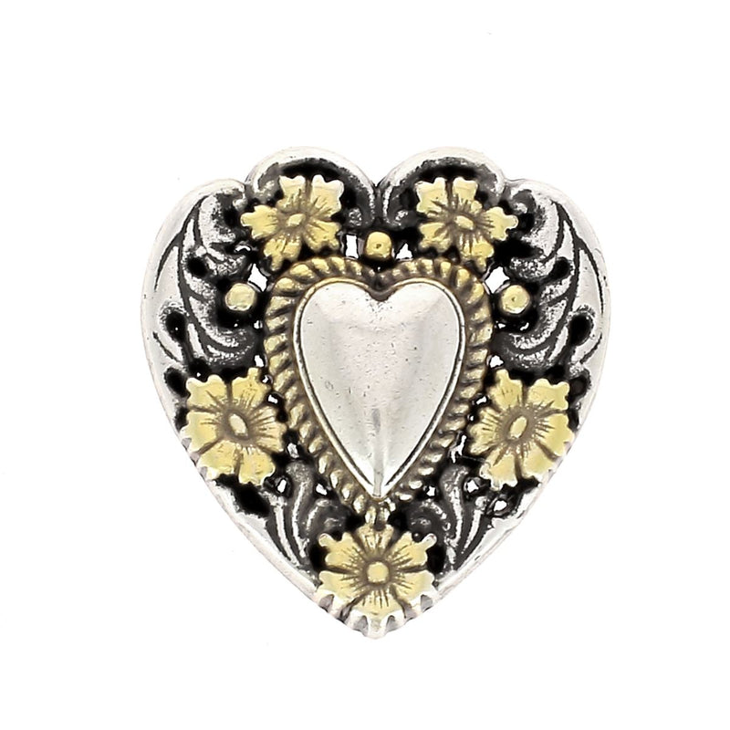 Screw-on concho HEART FLOWER - 25mm - AGED SILVER &amp; AGED BRASS
