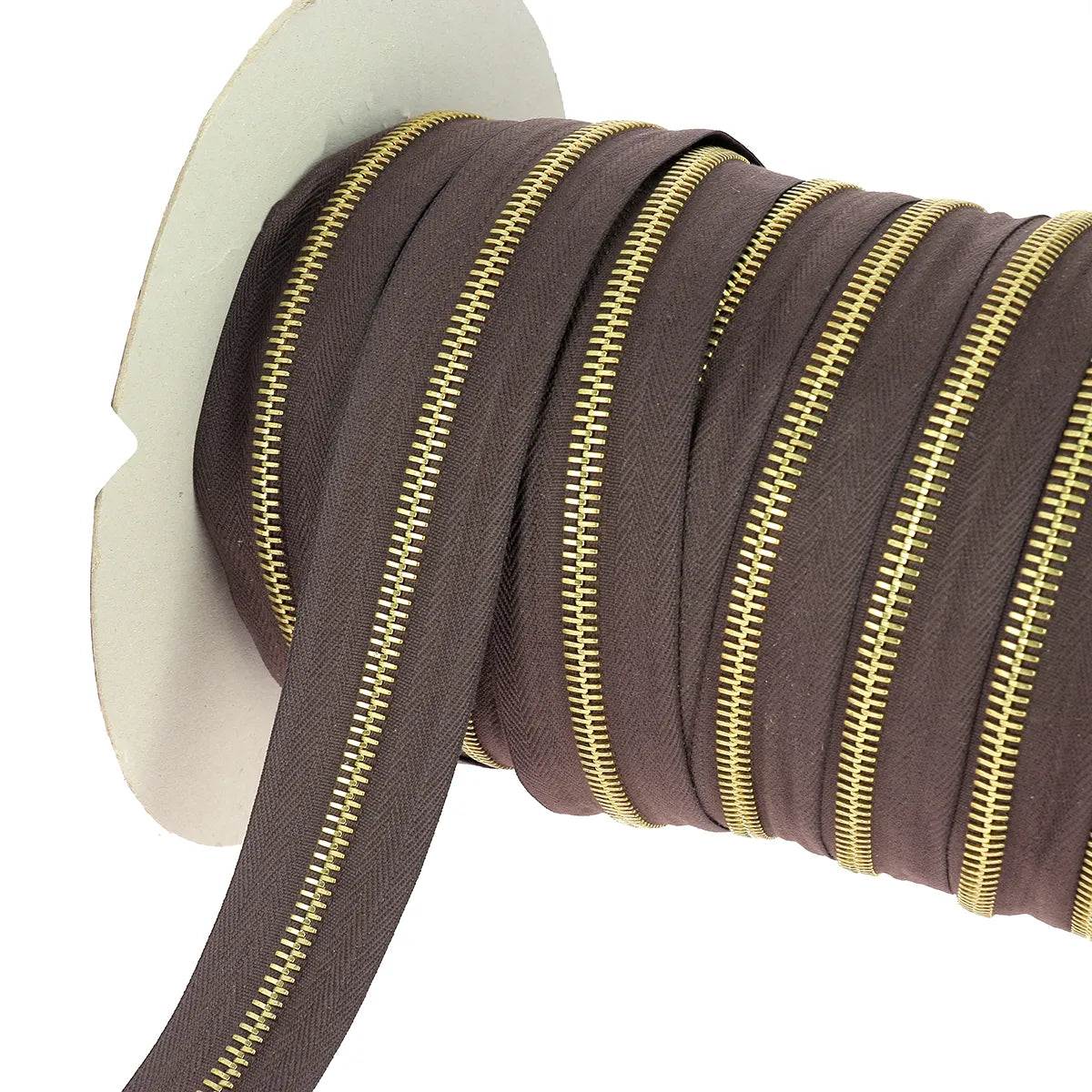 Fermeture zippée au mètre couleur marron chocolat dents en métal laiton dorée largeur 6 mm