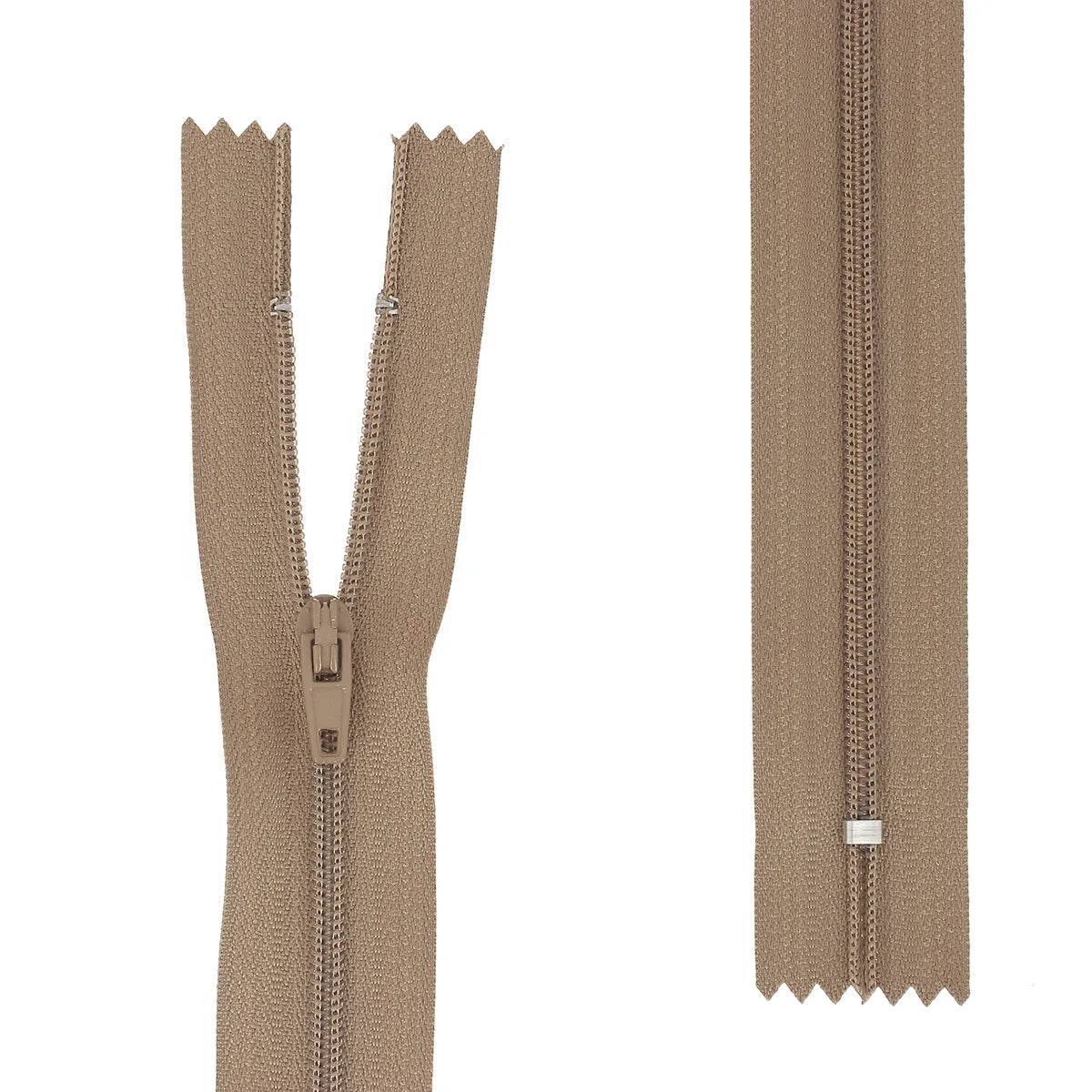 Fermeture à glissière non-séparable en nylon de 4 mm de largeur de maille. Fermeture éclair taupe