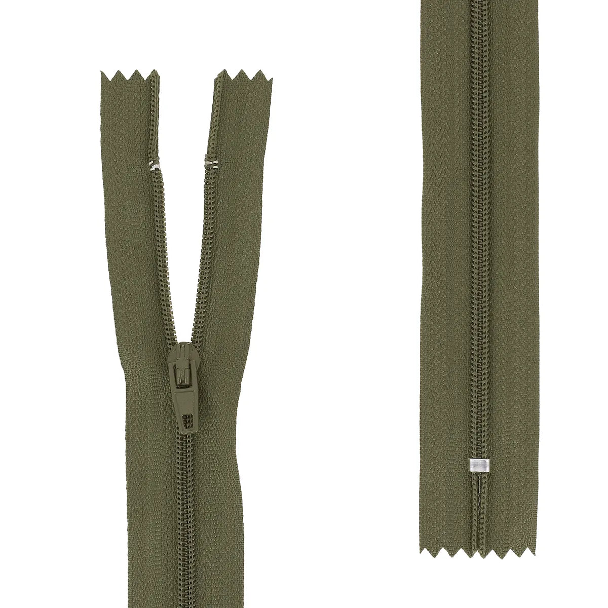 Fermeture éclair non-séparable vert olive de 4 mm de largeur de maille. Fermeture à glissière en nylon