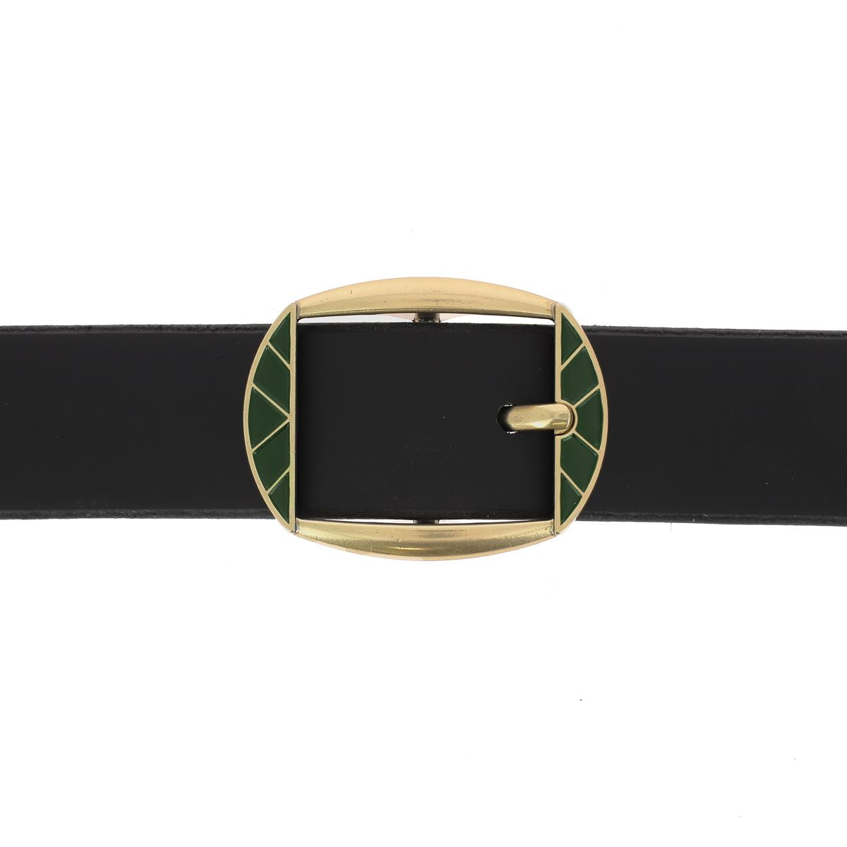 Ceinture en cuir femme avec boucle effet géométrique - Laiton satiné et vert