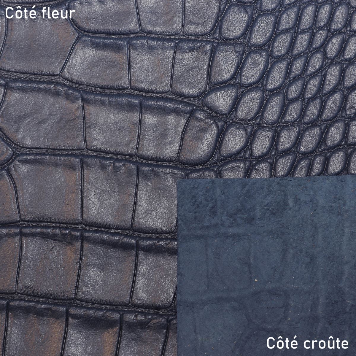 Peau entière de cuir de basane FRANCE imitation Caïman - ANILINE - BLEU MARINE BAF16