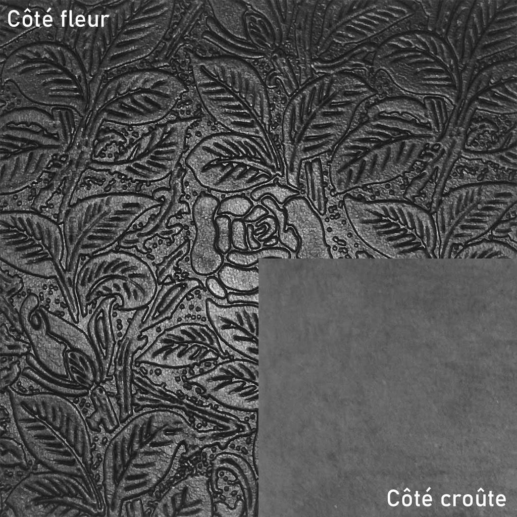 Basane FRANCE sheepskin leather printed FLORAL ANILINE BLACK | Deco Cuir
