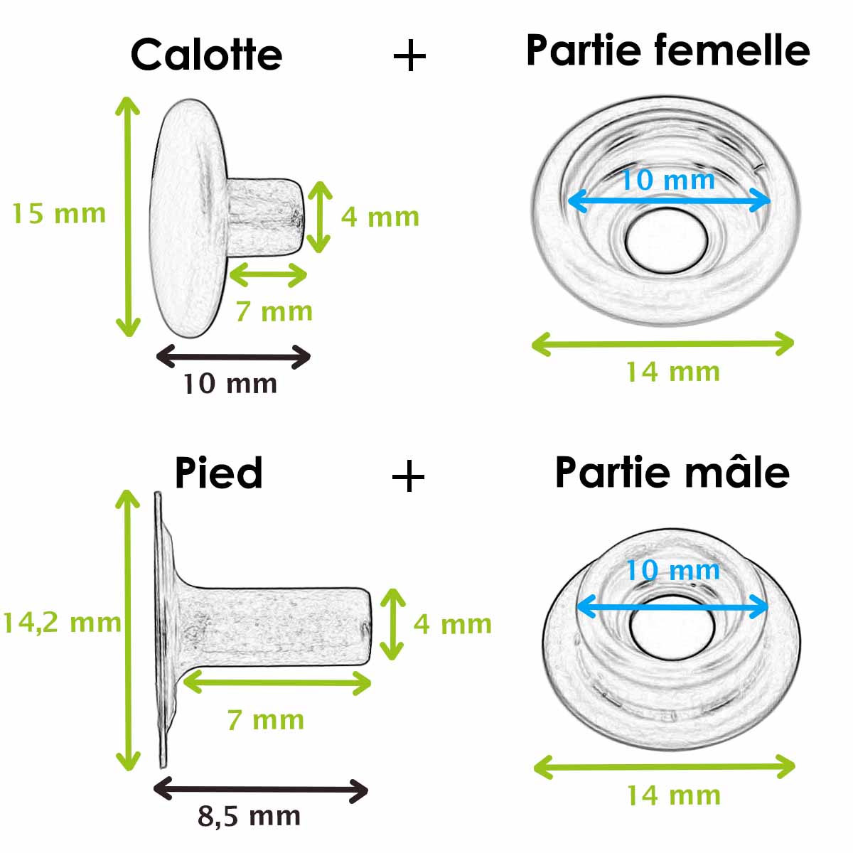 boutons pression  LINE 24 : 15mm  - Schéma et dimensions