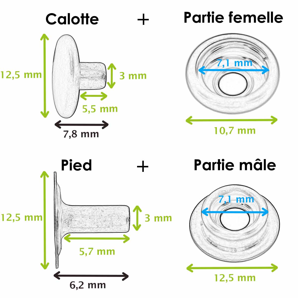 boutons pression LINE 20 : 12,5mm - Schéma et dimensions