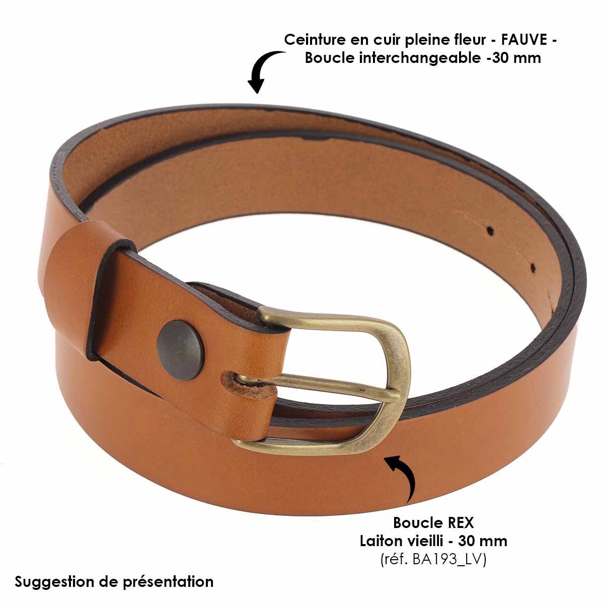 Ceinture en cuir fauve avec boucle REX en laiton vieilli