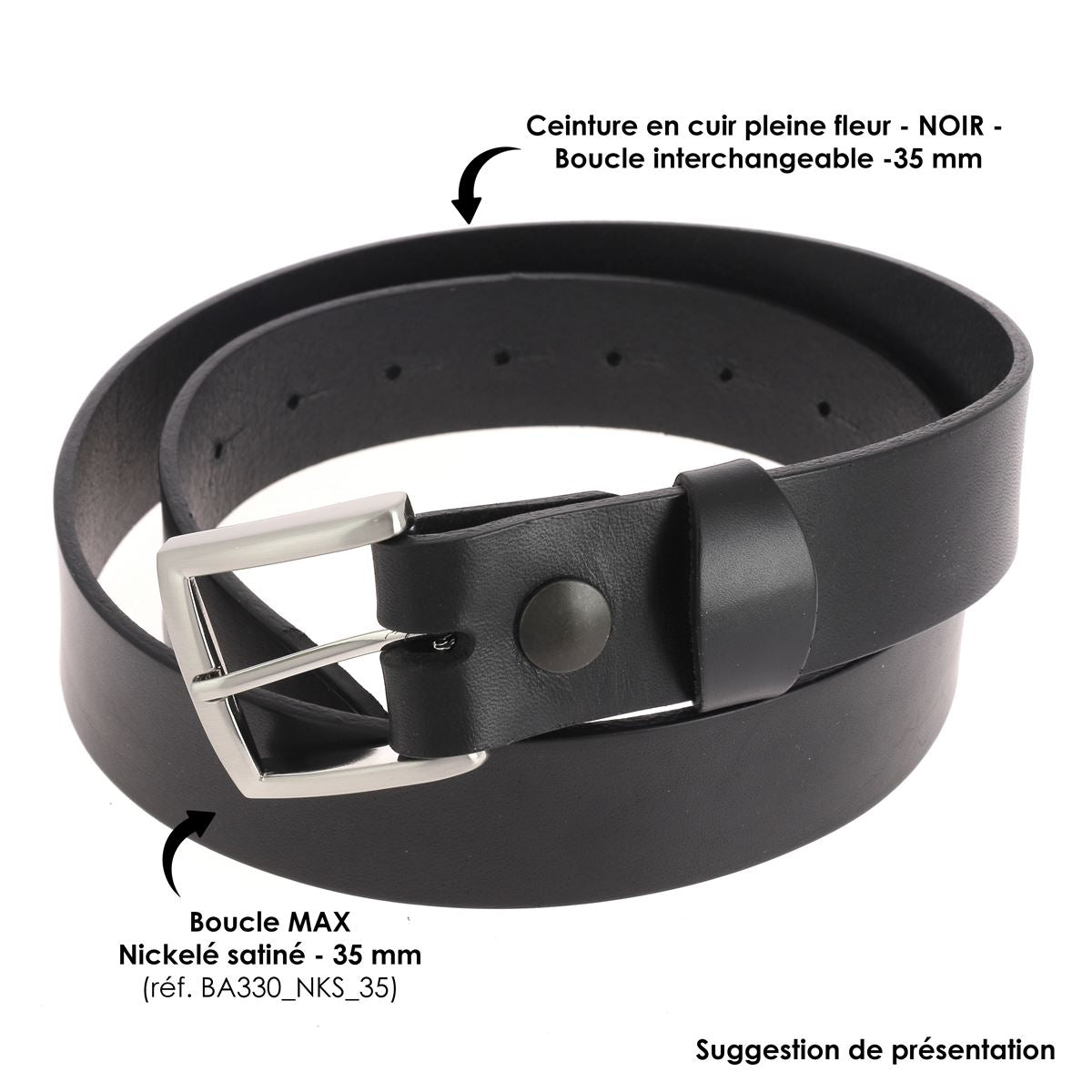 Ceinture en cuir noire avec boucle max nickelé satiné