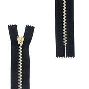 Fermeture éclair en métal doré clair 6mm sans tirette ni butée inférieure, longueur 16cm, couleur noire, produit de mercerie.