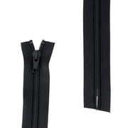 Fermeture à glissière en nylon noire de 6mm, coupée sans butée inférieure, pour vêtements ou projets de couture.