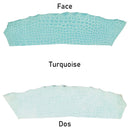 Morceau de cuir exotique turquoise brillant. Cuir d'alligator, matière ferme et fine idéale pour la création de maroquinerie et accessoire
