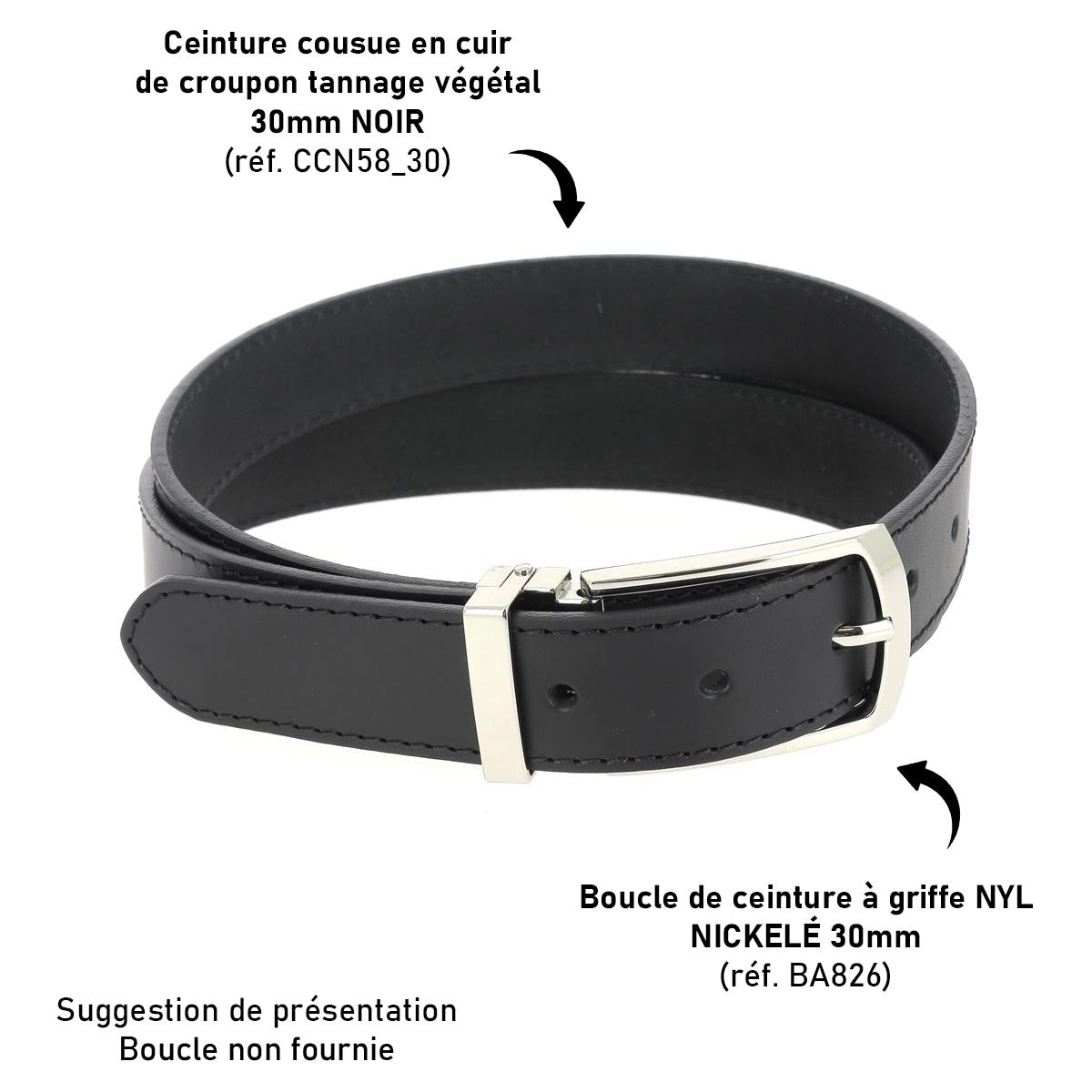 Ceinture cousue en cuir de croupon tannage végétal - NOIR