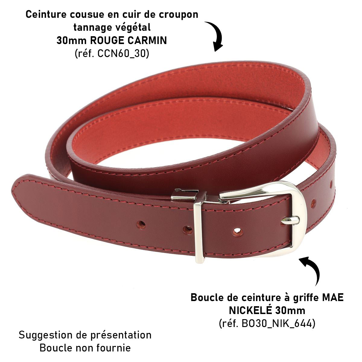 Ceinture cousue en cuir de croupon tannage végétal - ROUGE CARMIN