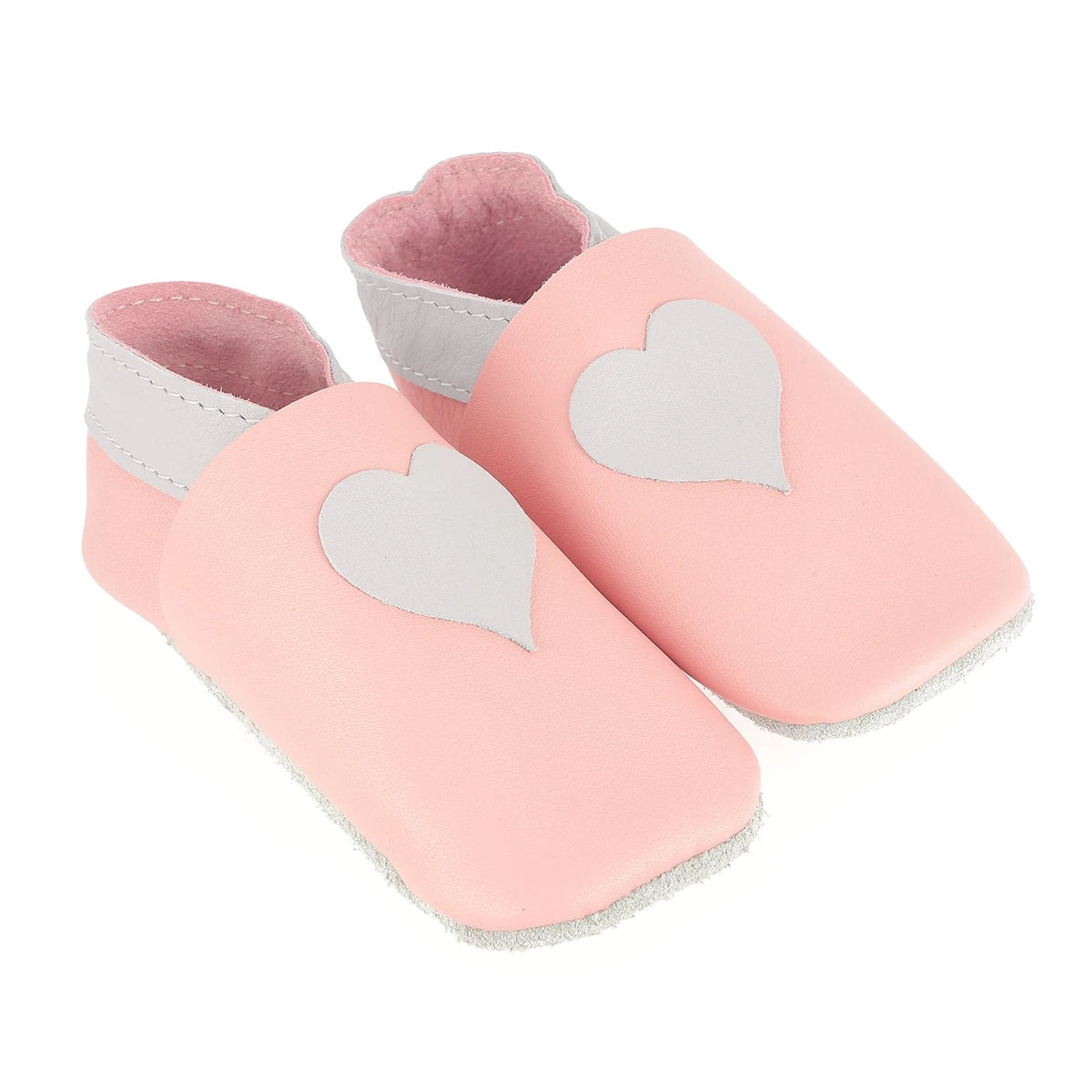 Chaussons en cuir rose et gris avec motif cœur pour bébé 
