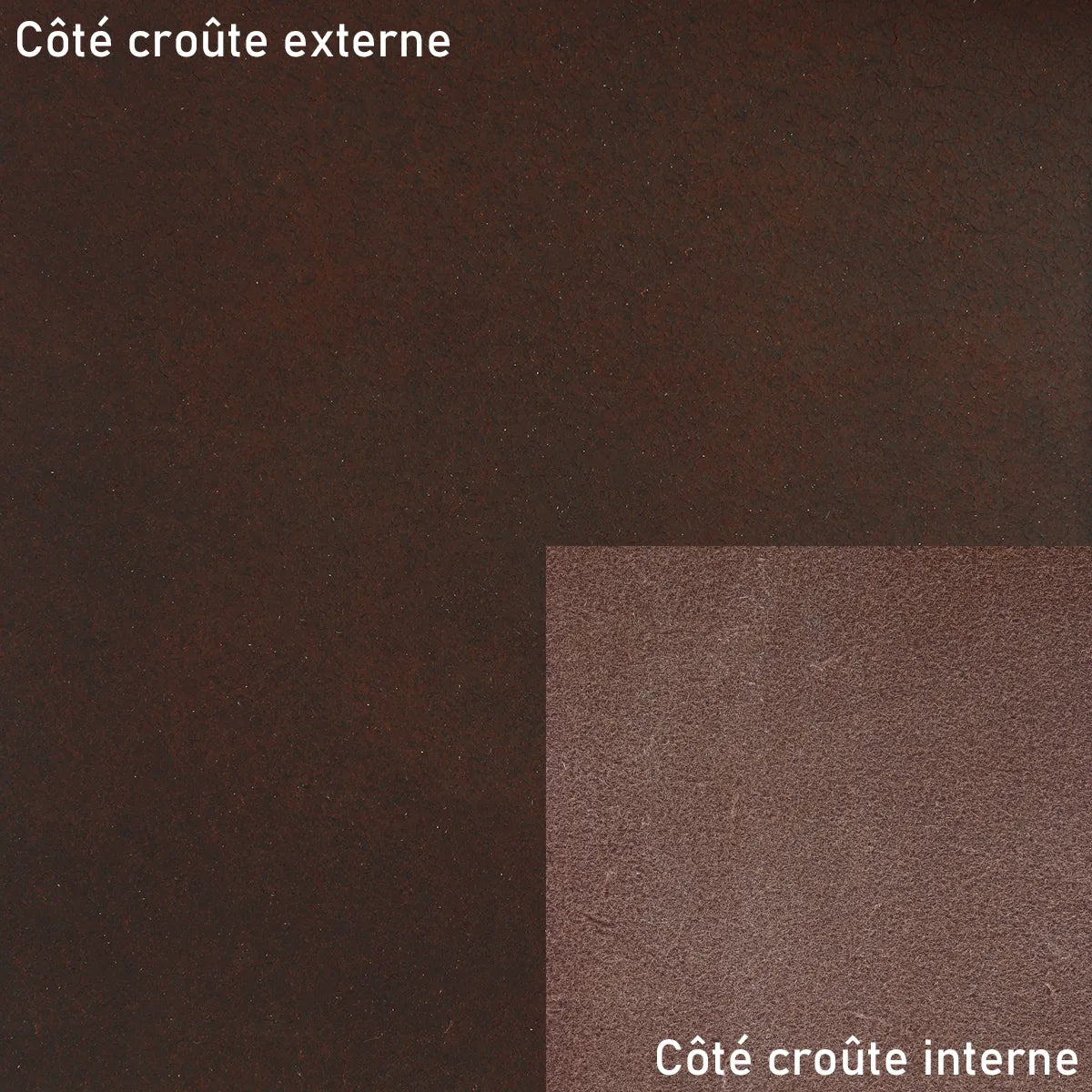 Croûte de cuir tannage végétal Niagara Radermecker, peau de cuir de couleur chocolat, texture naturelle visible en gros plan