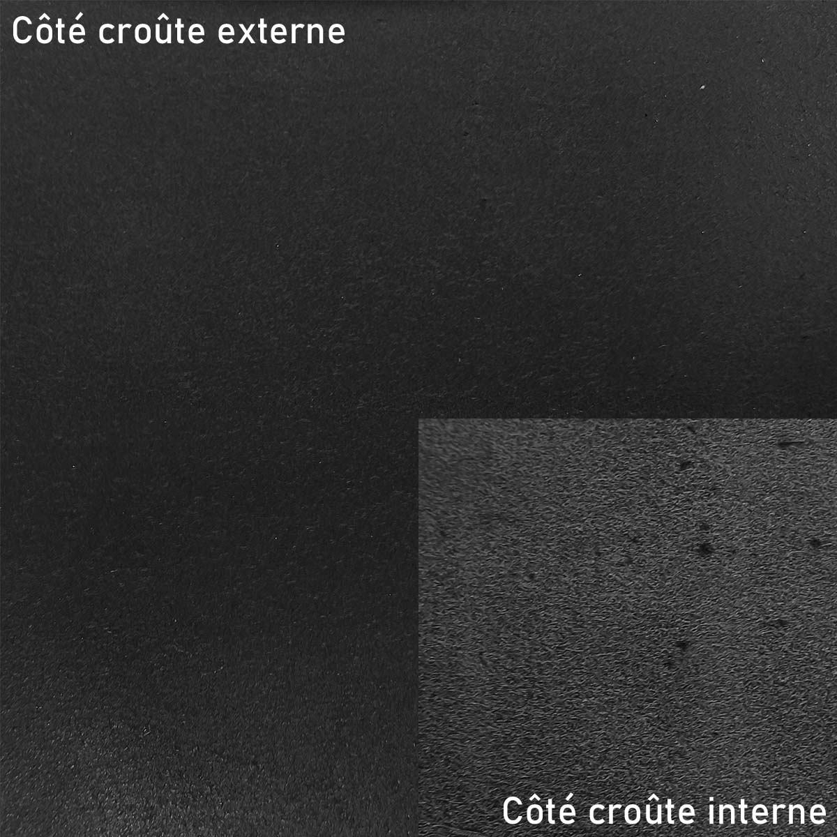 Peau de cuir tannage végétal Niagara noire de Radermecker, texture lisse et épaisse pour créations en maroquinerie.