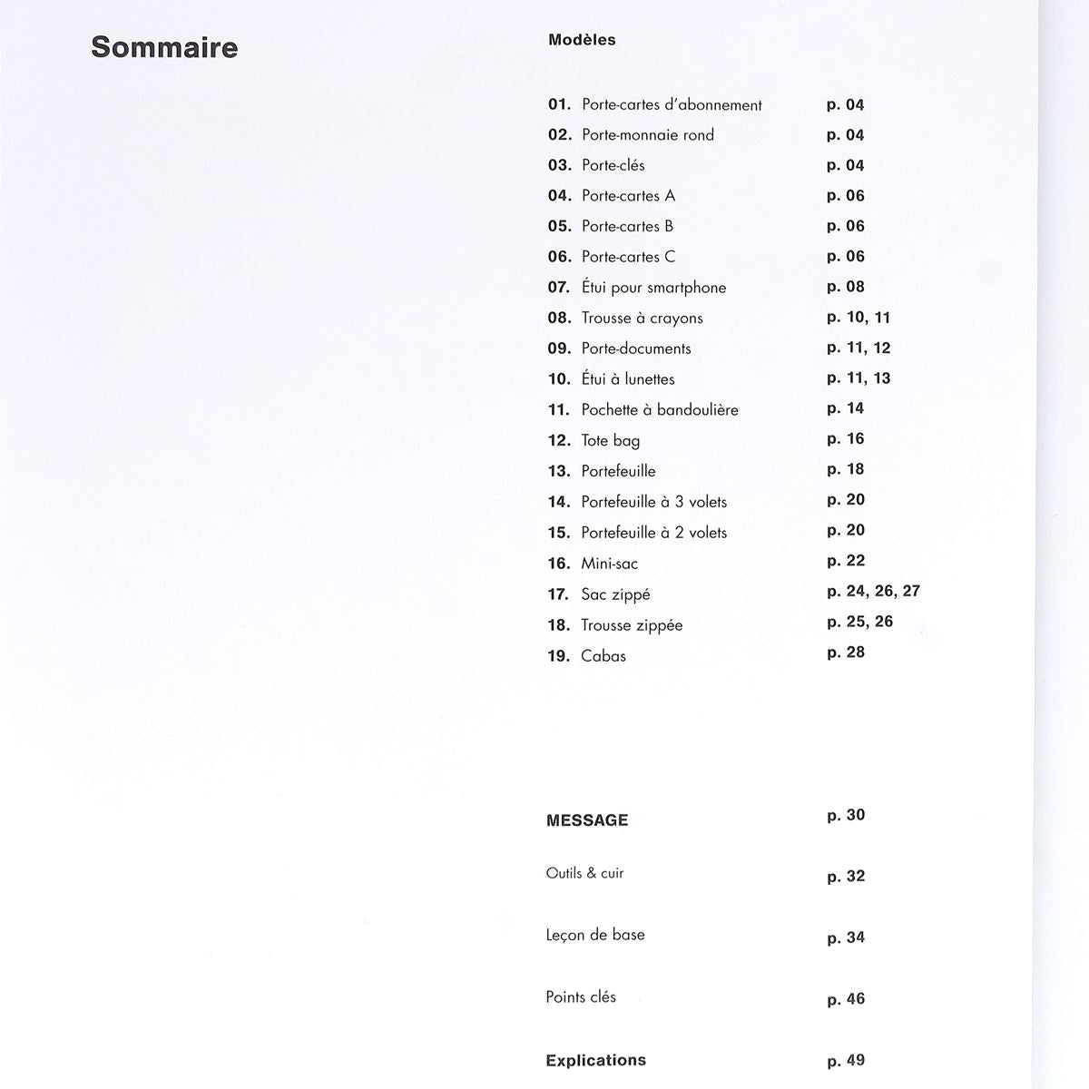 Livre "19 sacs et accessoires en cuir" - Yasue Tsuchihira - Urukust - Sommaire