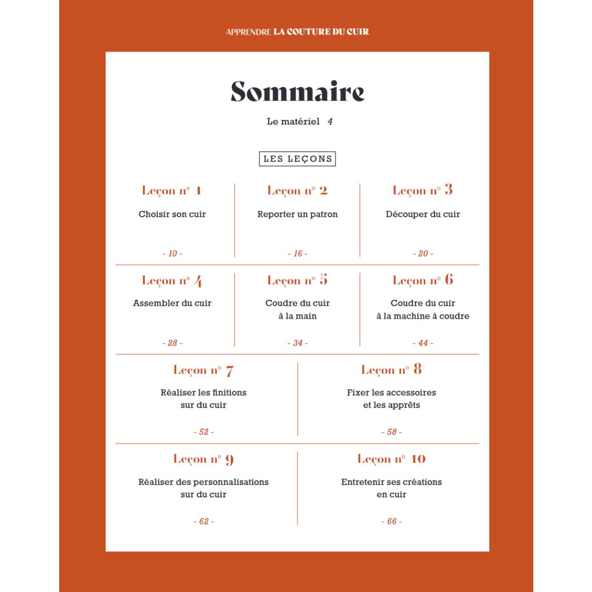 Livre "Apprendre la couture du cuir en 10 leçons" - Huguette Paillettes - Sommaire