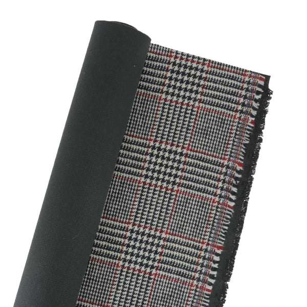 Coupon de tissu carreaux & pied de poule doublé - NOIR, BLANC & ROUGE - 0,50x1,50m