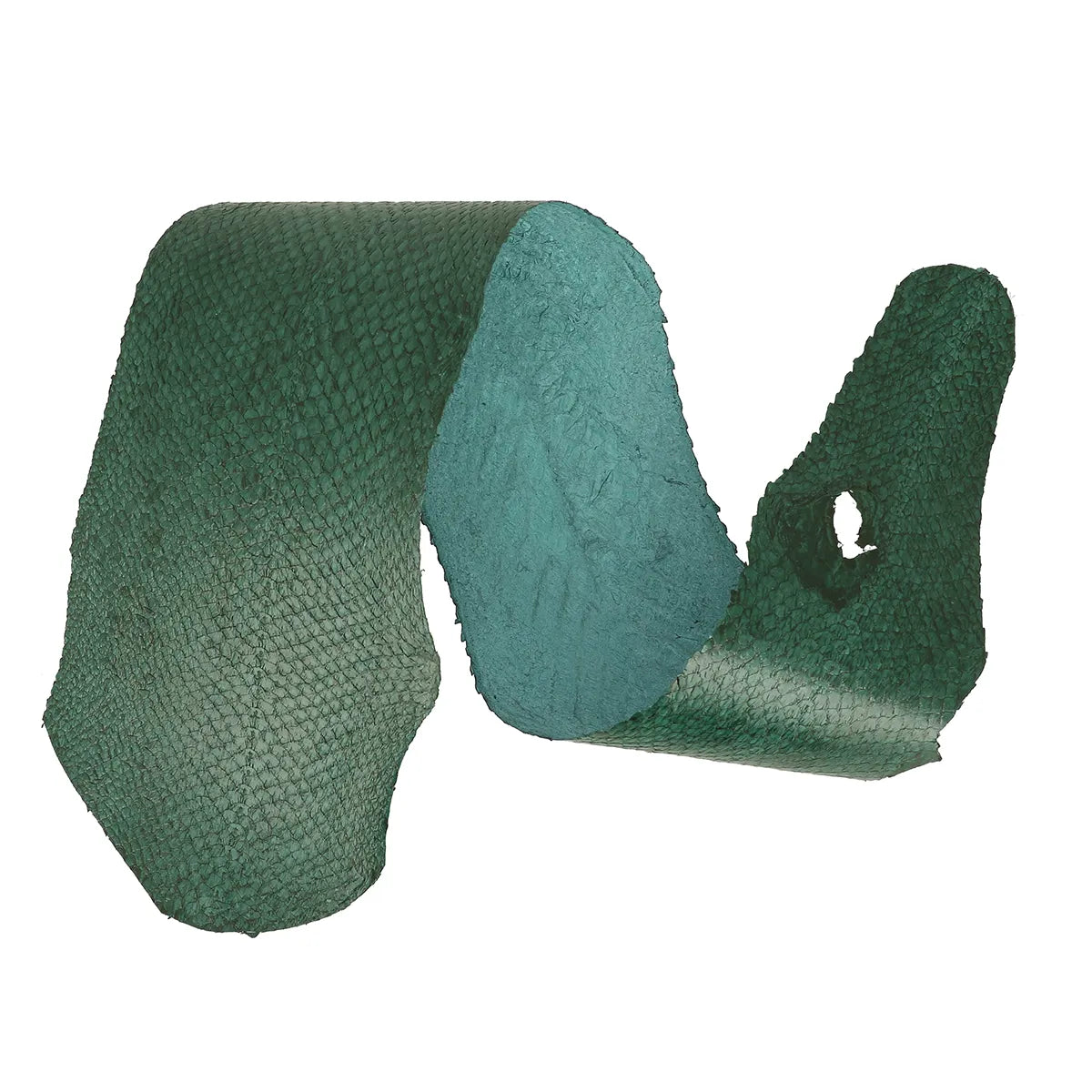 Cuir de poisson à écailles de saumon couleur vert bouteille. Cuir de saumon de deuxième choix à petit prix