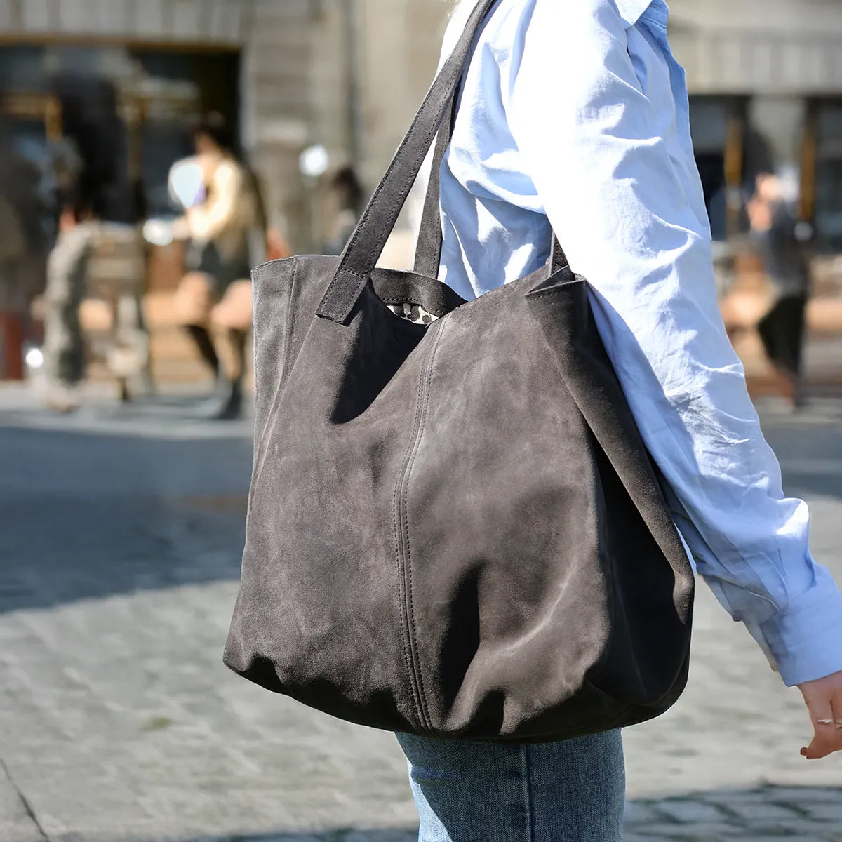 Sac cabas en croûte de cuir velours fait main | Deco cuir