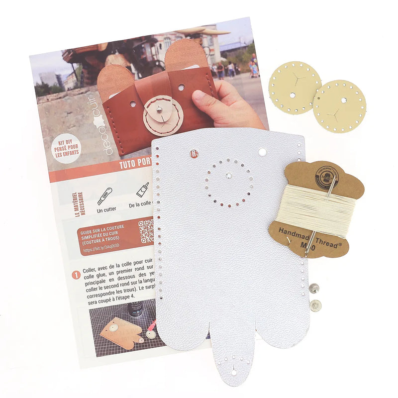 Porte carte en cuir beige nacré - motif ours - diy enfant