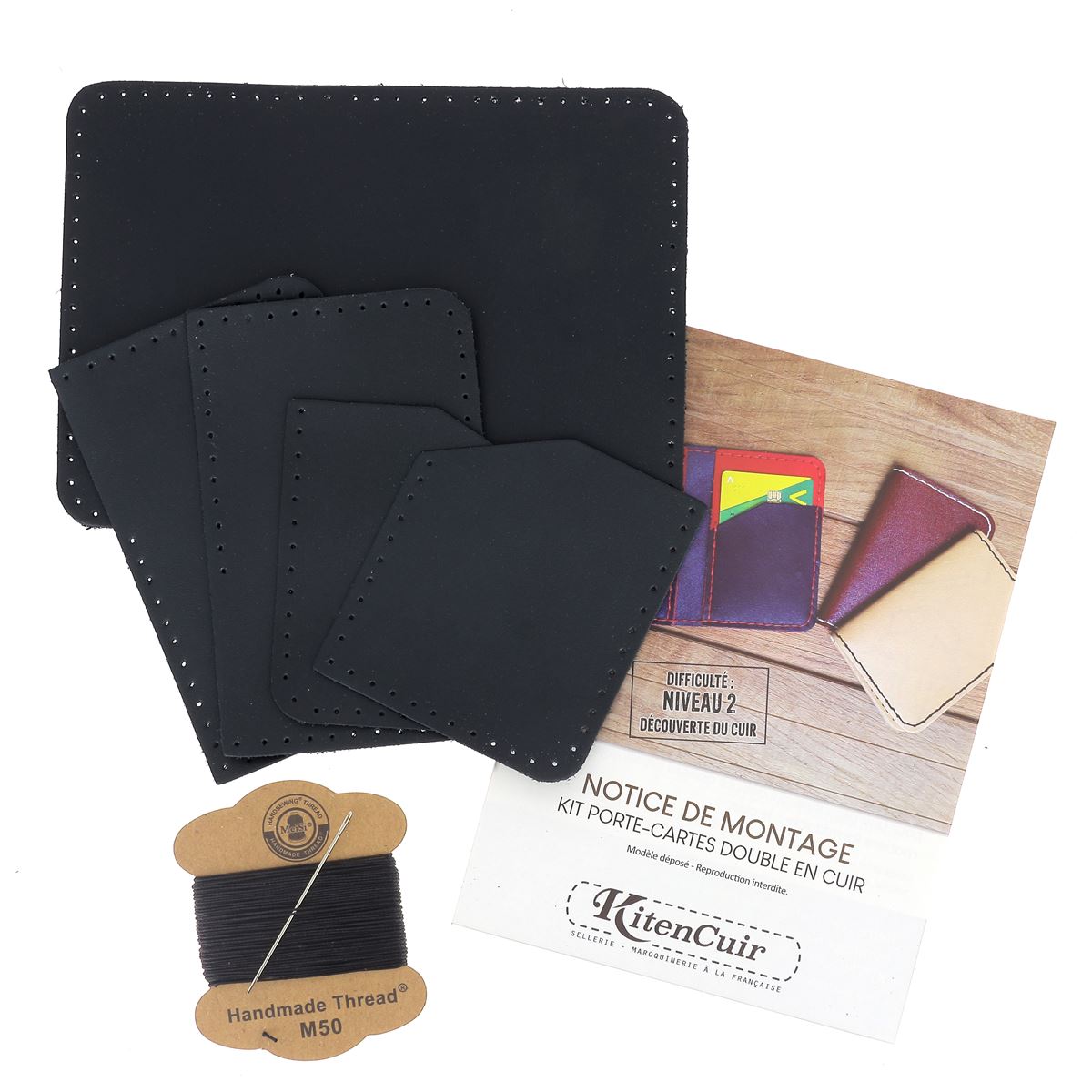 KitenCuir Porte Cartes double Noir - Fil Noir - Deco Cuir