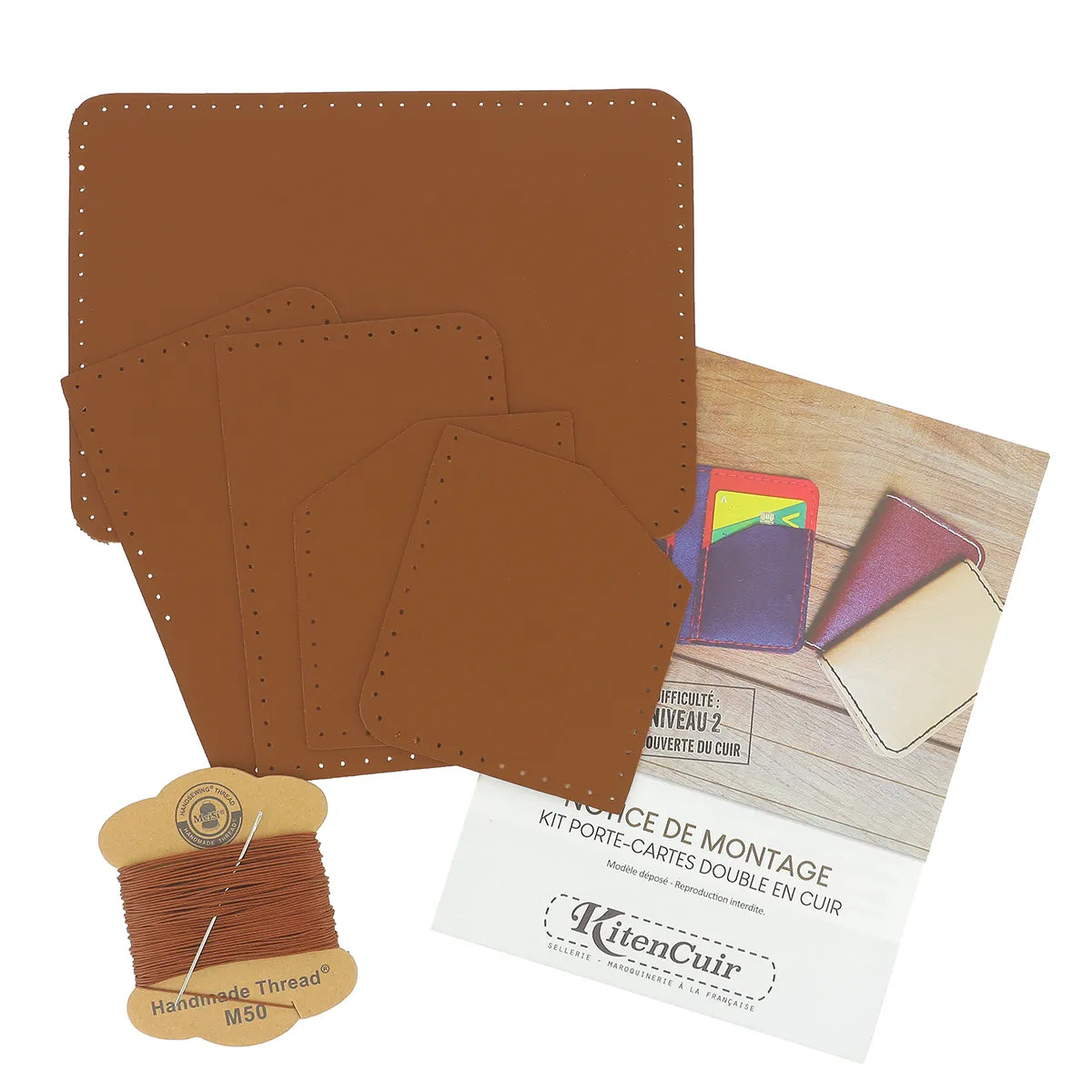 Kit DIY complet pour assemblez son propre porte-cartes en cuir marron, matériel et notice fournis.